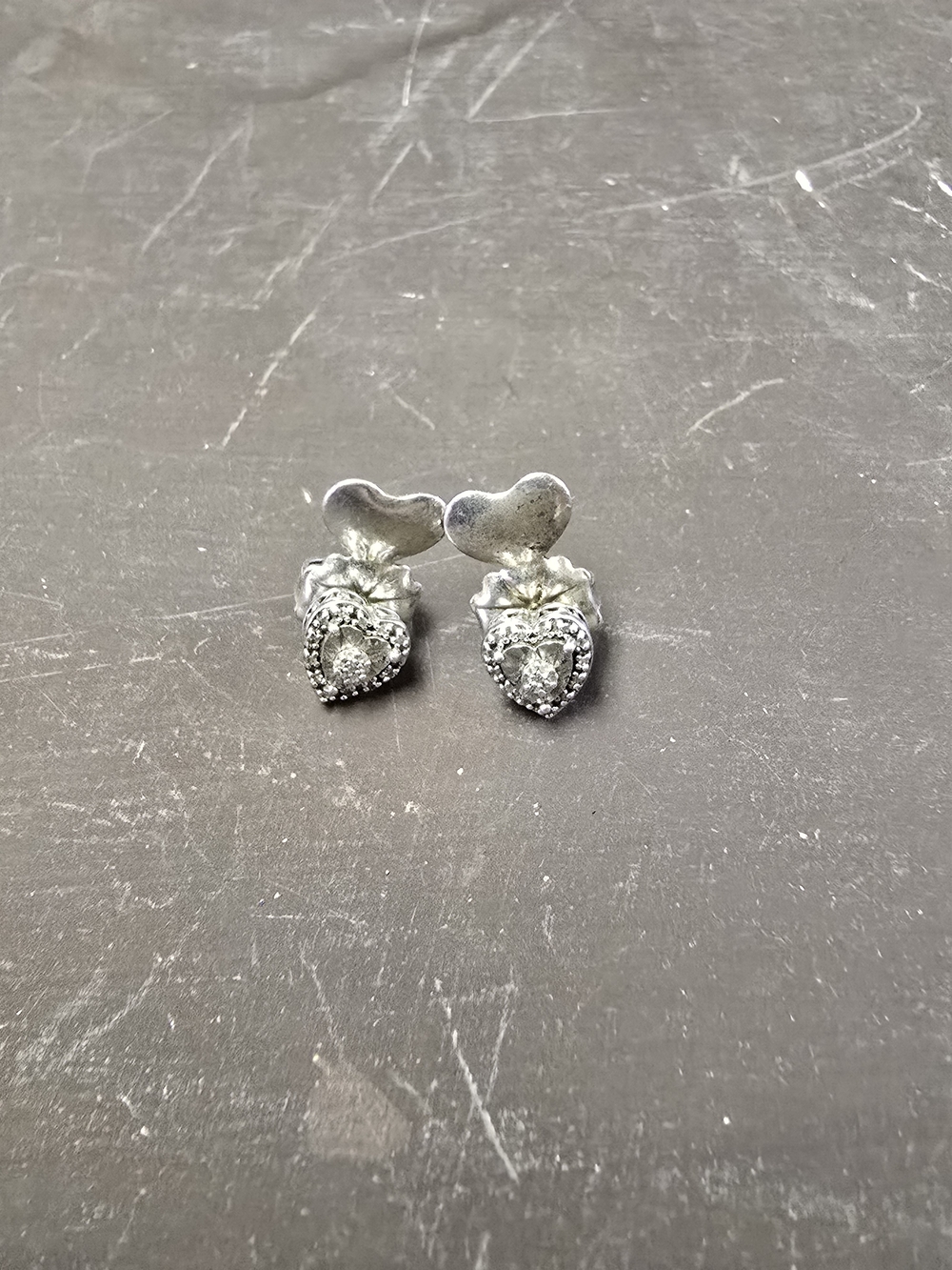 Silver Heart Stud Earrings with Crystal Accents - Women's Jewelry
